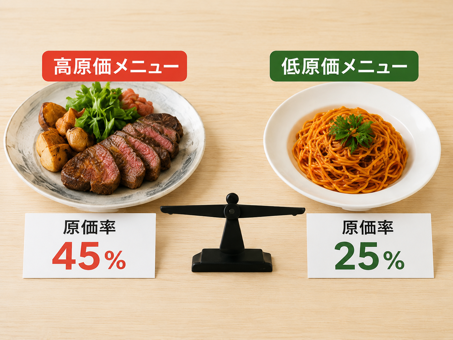 飲食店 原価率が高いメニューと低いメニューを比較した図