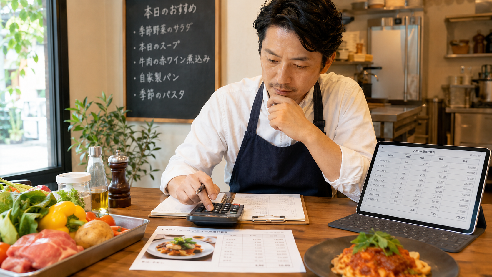飲食店のメニュー原価を計算しているイメージ