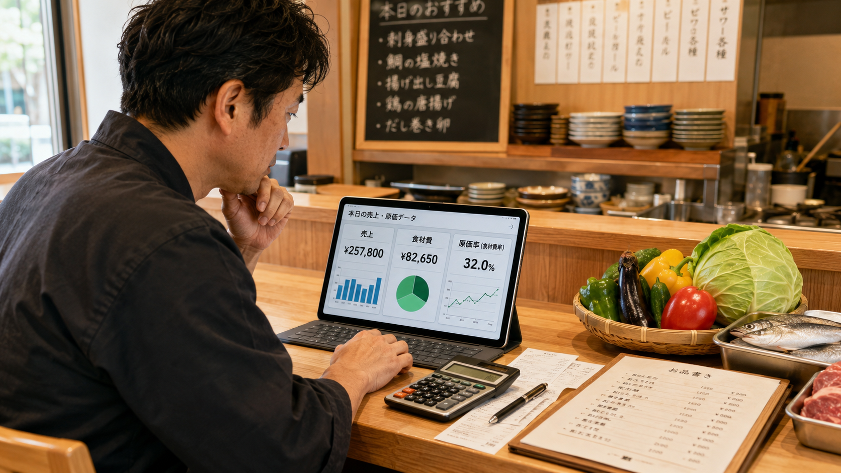 飲食店の食材費の目安と原価率を確認する店長のイメージ