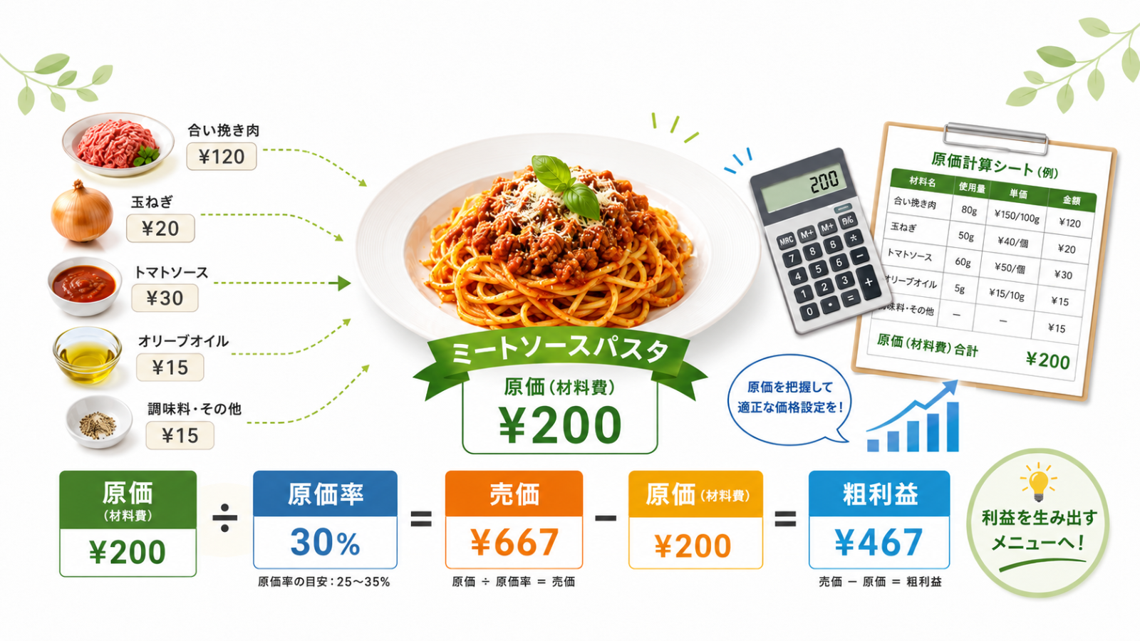 飲食店メニューの原価計算表と料理のイメージ