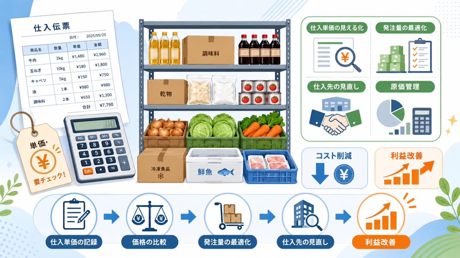 飲食店 仕入れ コスト削減を厨房で確認する店長のイメージ