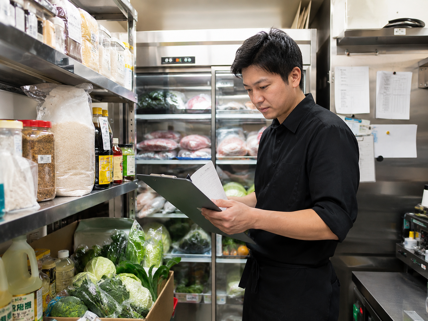 飲食店 仕入れ価格 管理を厨房で確認する店長のイメージ
