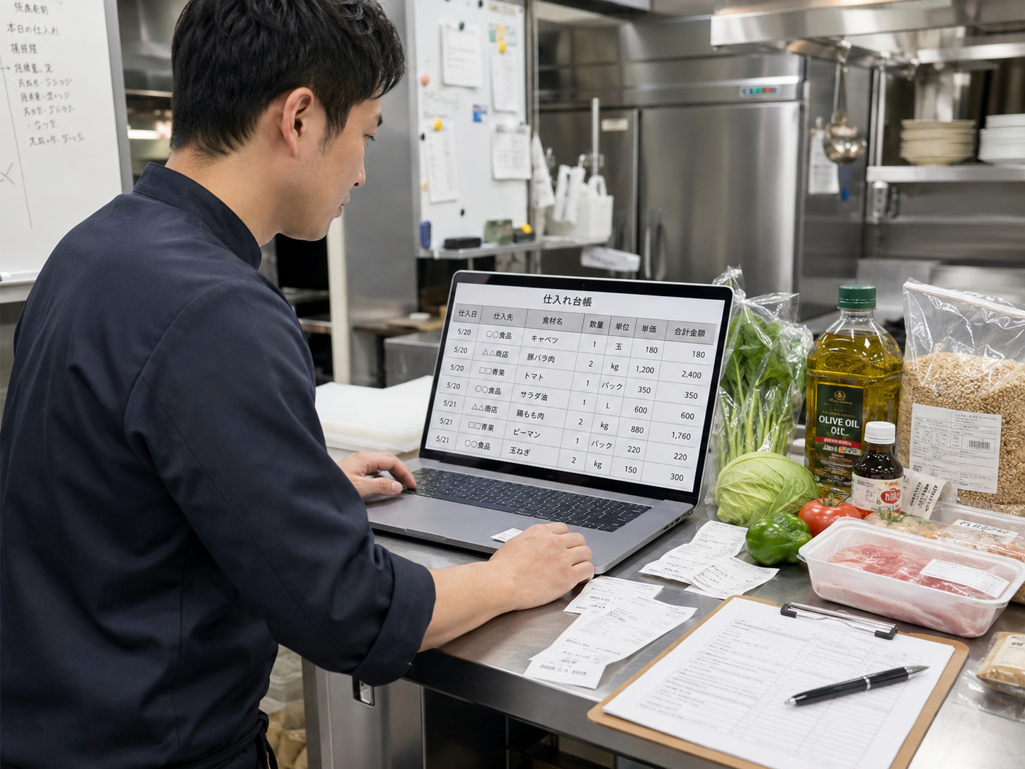 飲食店 仕入れ台帳を厨房で確認する店長のイメージ