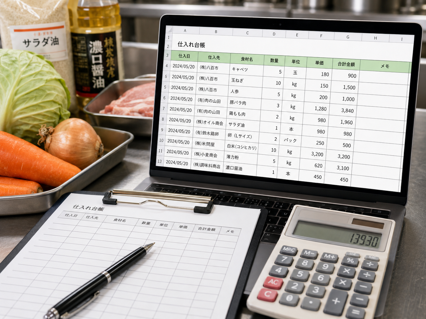 飲食店 仕入れ台帳で食材名と単価を記録する表