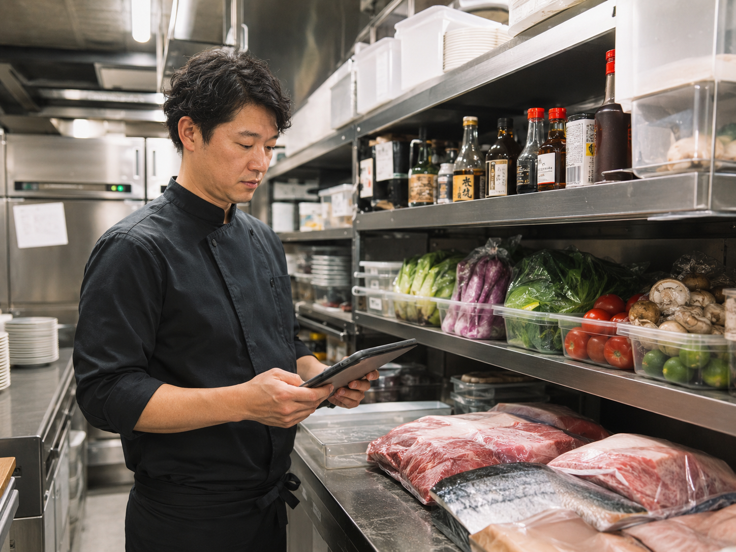 飲食店の在庫管理で食材と発注量を確認する店長