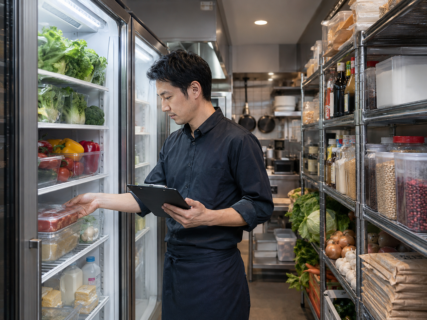 飲食店 在庫管理 方法を厨房で確認する店長のイメージ