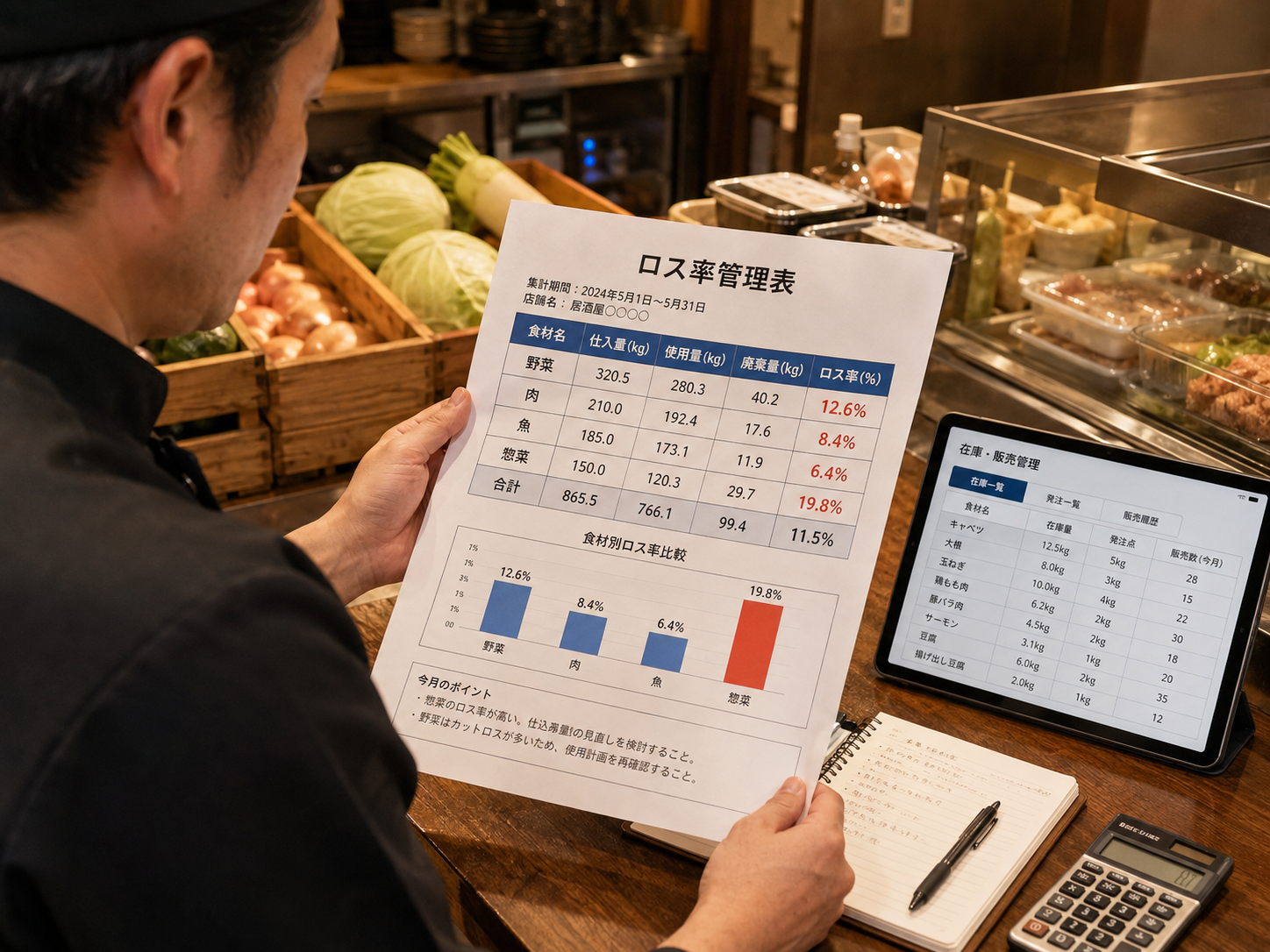 飲食店 ロス率の計算表と食材在庫を確認するイメージ